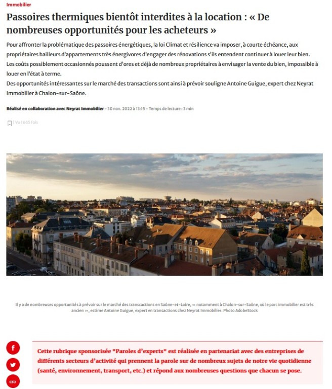 Neyrat Immobilier vous parle des passoires thermiques dans le Journal de Saône et Loire